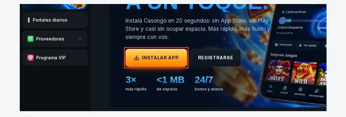 Página de descarga de la aplicación Android de Casongo, botón de descarga "INSTALAR APP", 20.10.2026