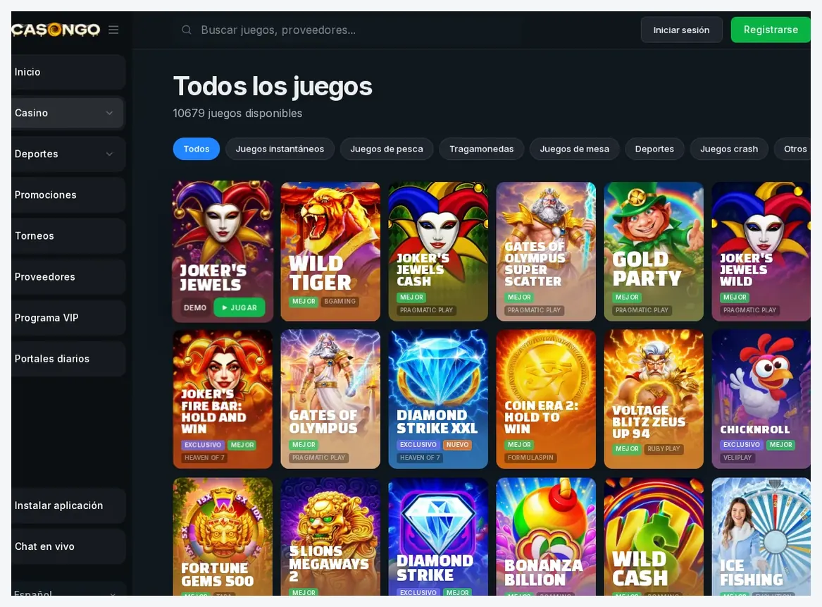 Página de catálogo de juegos de Casongo, cuadrícula "Todos los juegos" con 18 tarjetas de juegos de tragaperras, 20.10.2026