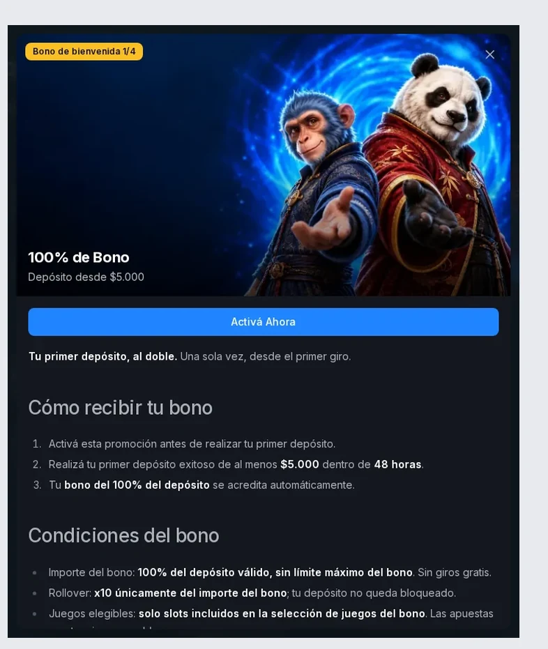 Página de detalles de promoción de bonificación de Casongo, oferta de bienvenida "100% de Bono" con términos y pasos de activación, 14.10.2026