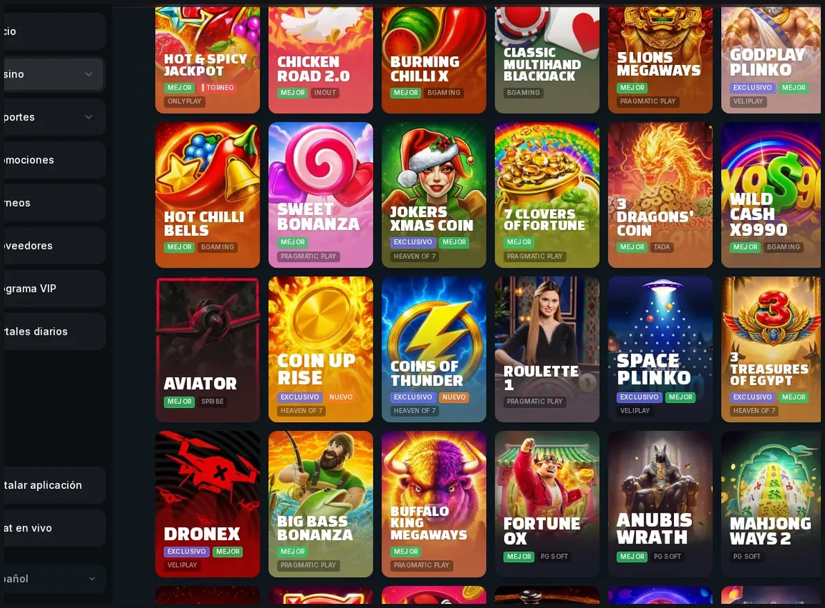 Página de lobby de juegos de Casongo, cuadrícula de tarjetas de juegos de tragaperras con títulos y logos de proveedores, 20.10.2026