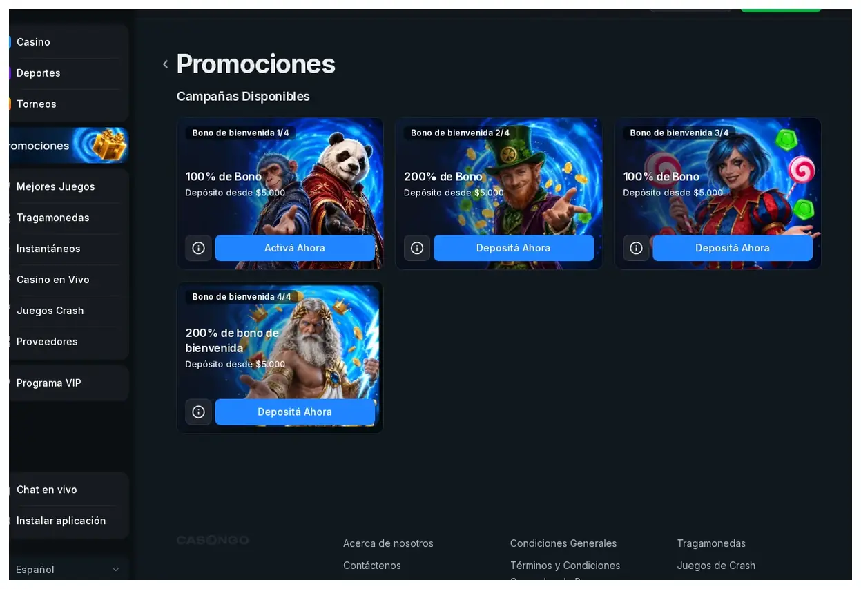 Página de Promociones de Casongo, paquete de bono de bienvenida con niveles "Bono de bienvenida 1/4" a "4/4", 14.10.2026