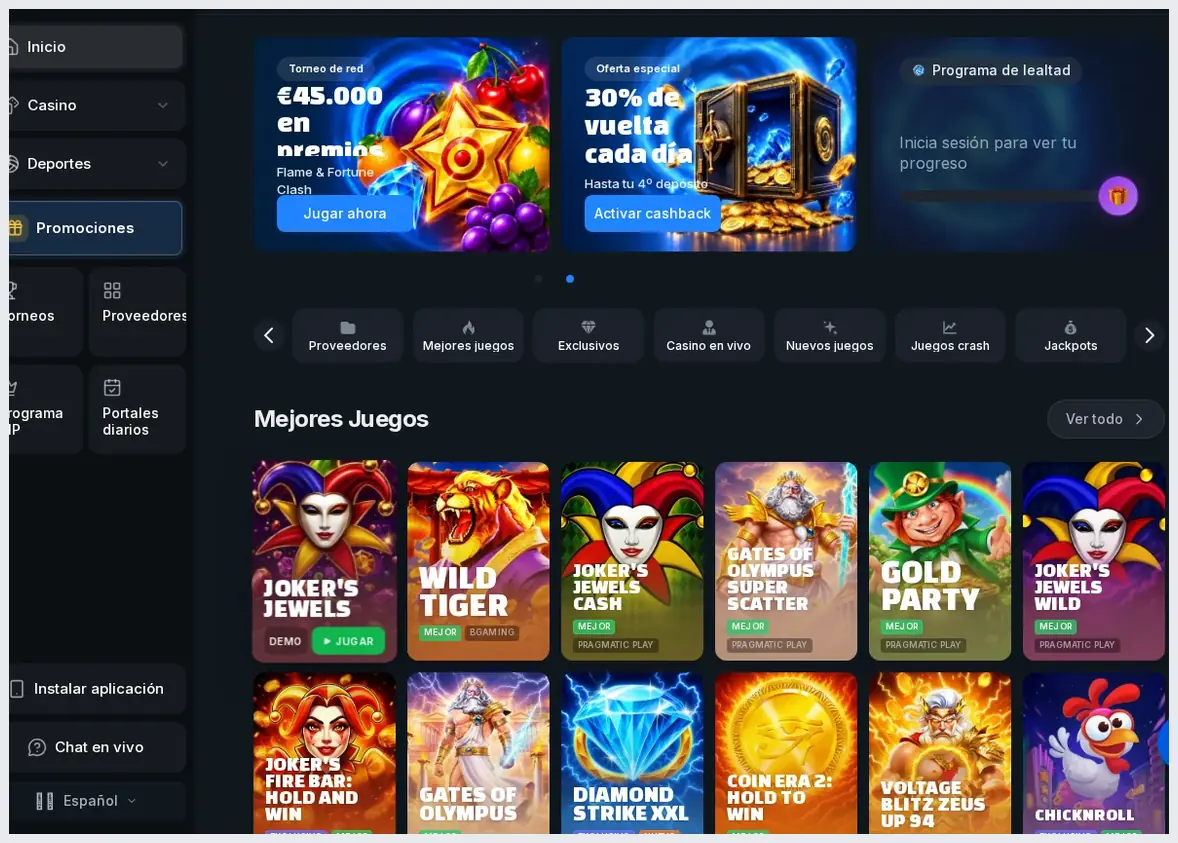Página de inicio de Casongo Casino, encabezado con logo y botón "Registrarse", banners promocionales "€45.000 en premi, 20.10.2026