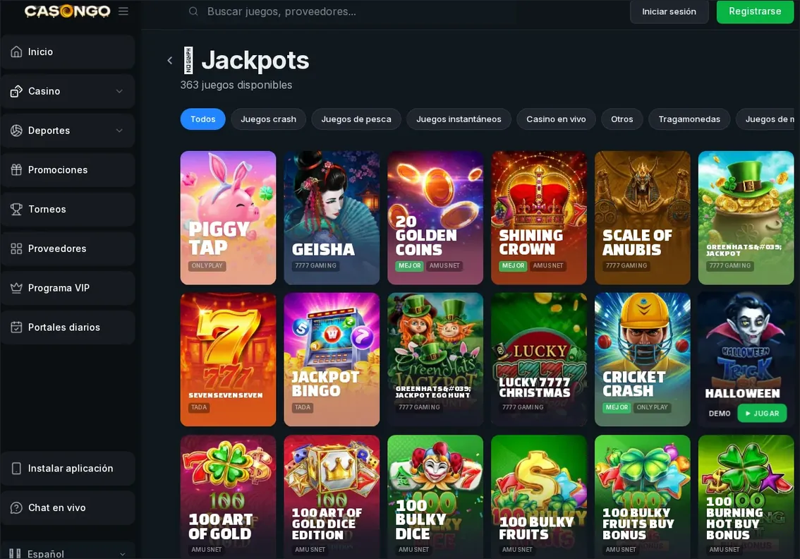 Página de categoría de tragamonedas Casongo Jackpot, Cuadrícula de 15+ tarjetas de juegos con "Piggy Tap", "Geisha", "20 Golden Coins" y otros, 20.10.2026
