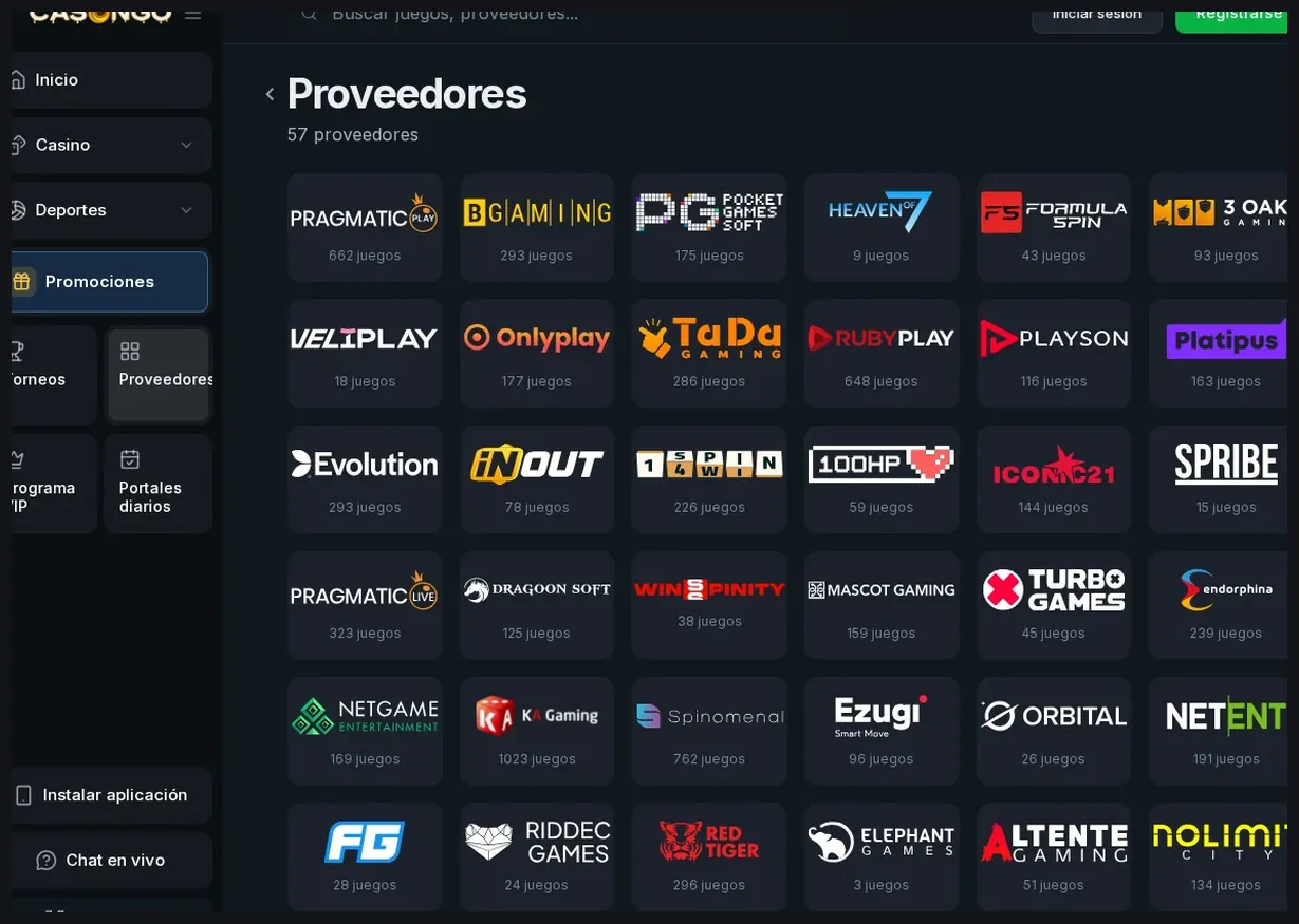 Página de directorio de proveedores de Casongo, cuadrícula de logos de proveedores con "57 proveedores", 20.10.2026