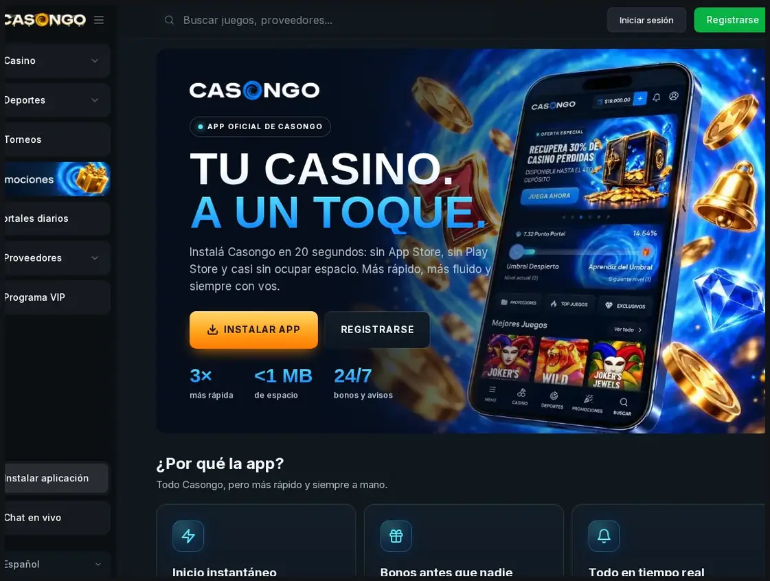 Página de instalación de la aplicación móvil de Casongo, botón "INSTALAR APP" con beneficios de la app, 20.10.2026