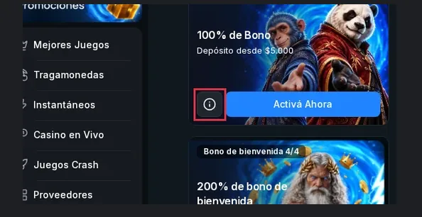 Página de bono de bienvenida de promociones de Casongo, botón "Activá Ahora" con icono de información, 14.10.2026